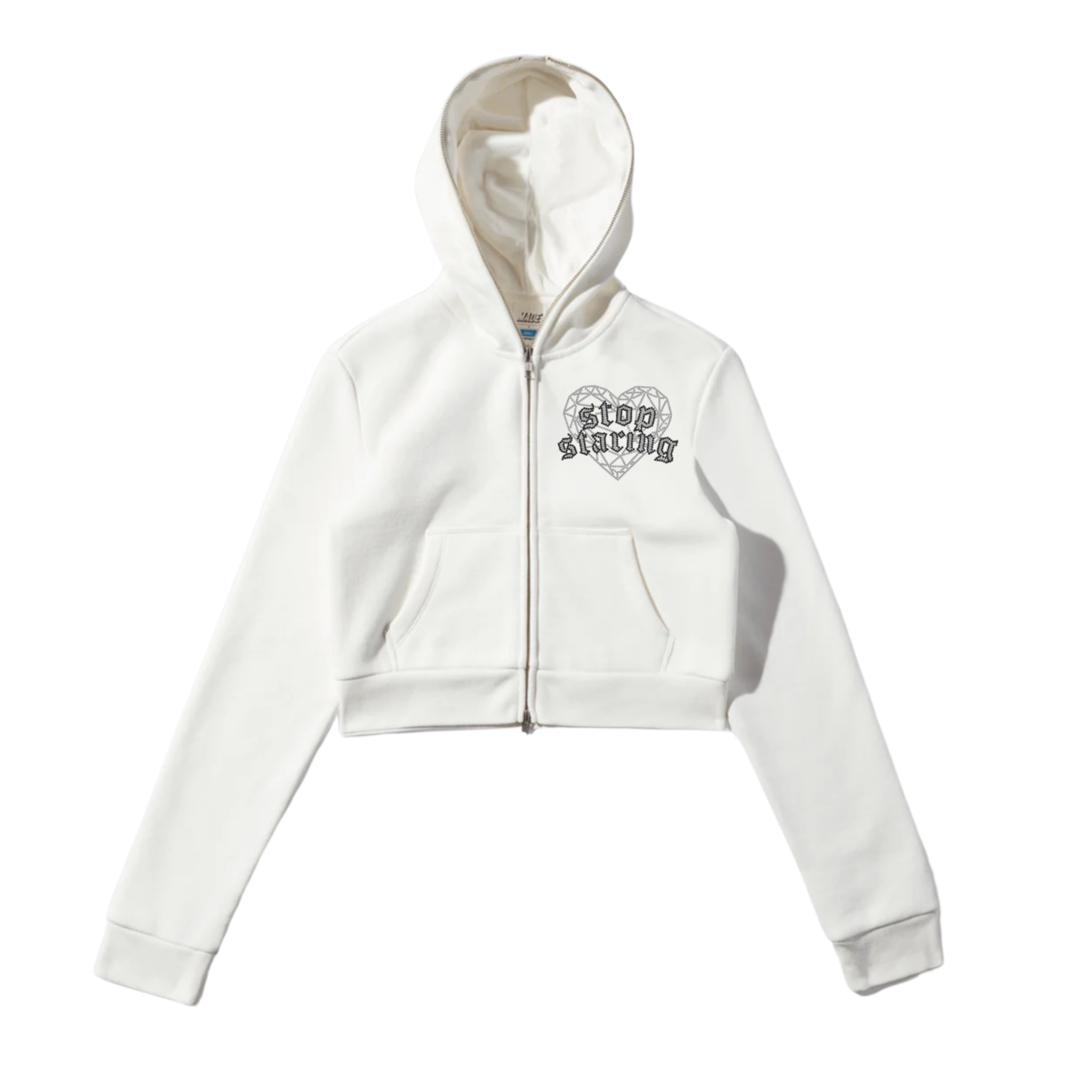 Stop Staring - Women's Full Zip Crop Hoodie - White