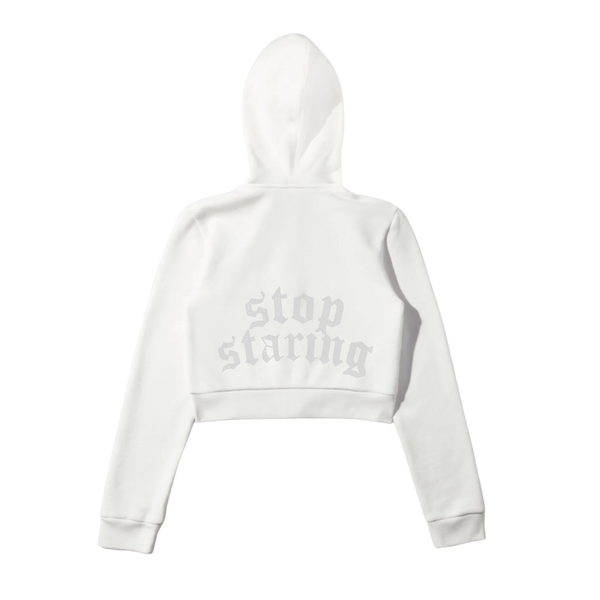 Stop Staring - Women's Full Zip Crop Hoodie - White